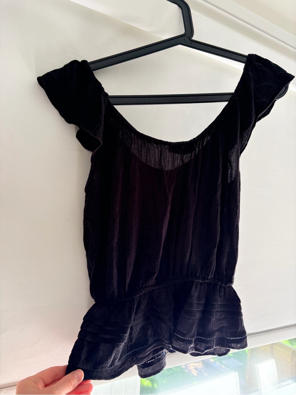 Talula Black Textured Ruffle Neck Blouse